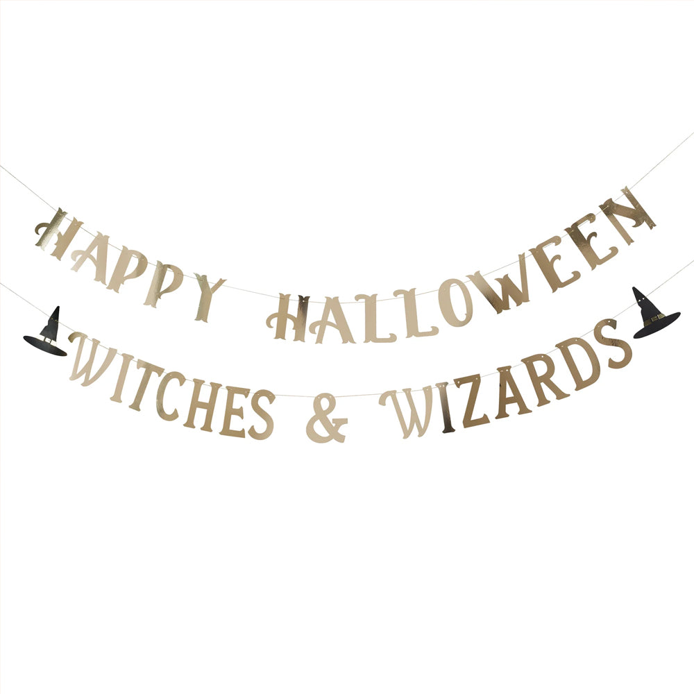 Gold 'Happy Halloween Witches & Wizards' Banner - 2m