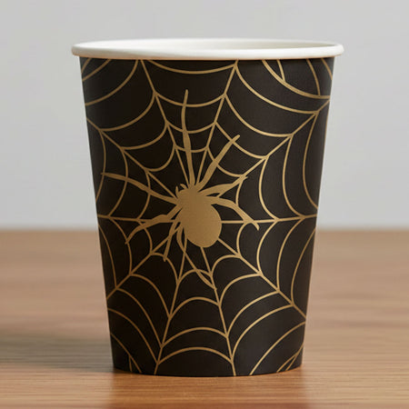 Halloween Black and Gold Spider Web Cups - 255ml - Pack of 8