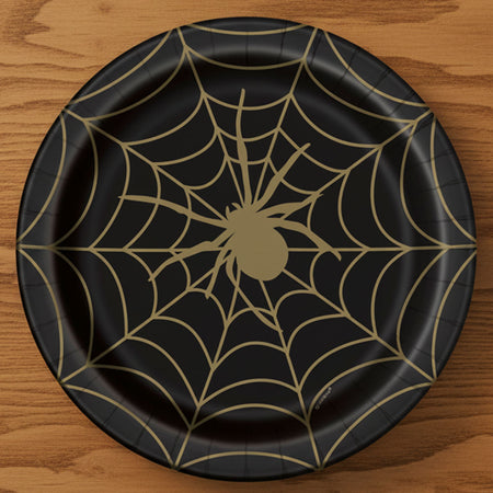 Halloween Black and Gold Spider Web Plates - 23cm - Pack of 8