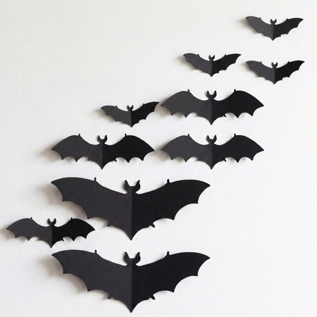 Square bat wall display sweeping diagonally from large bats on the left to small bats on the right