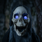 Square nighttime close-up of the skull hanging from the top of its head with blue eyes illuminated