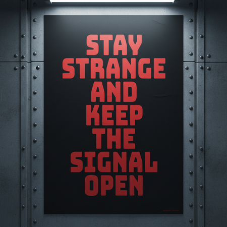 Stay Strange poster on Hawkins Lab metal wall