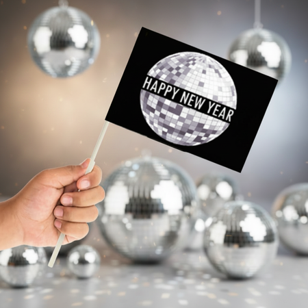 Subtle silver disco-ball background for Happy New Year flag