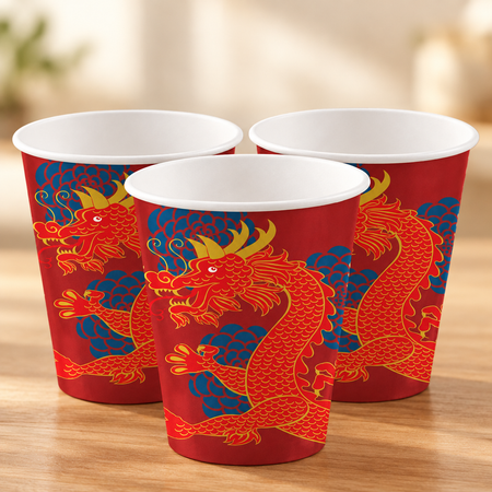 Three Chinese dragon paper cups on a wood table with a neutral background, square format