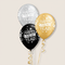 Three Happy New Year balloons with gold and silver ribbons
