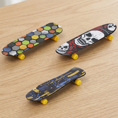 Three mini skateboards close up on a natural wood surface, in square format