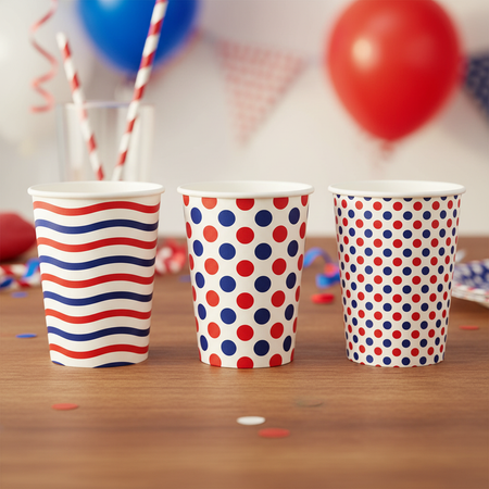 Three Red White Blue Paper Cups Lifestyle Party Table