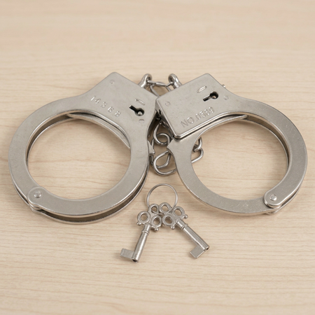 Tight square close-up of handcuffs folded inward on a wooden table with their keys