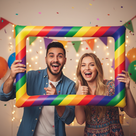 Two People Posing Through Inflatable Rainbow Photo Booth Frame at Party