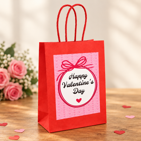 Valentine’s gift bag close up on a wooden table with soft lighting and subtle romantic touches, in square format
