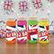 Four colorful bottles with British flag design and text on a wooden surface.
