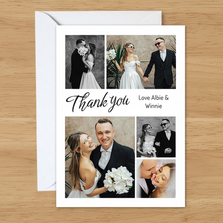 Wedding thank-you card collage on wood