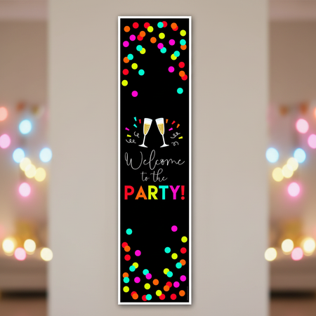 Welcome to the Party banner in a party scene