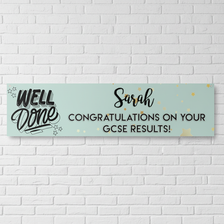 Well Done GCSE Results Personalised Banner on White Brick Wall