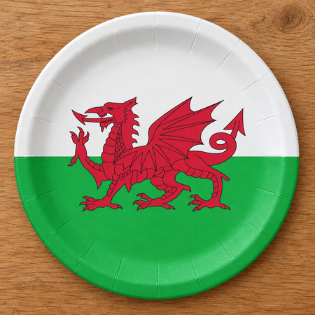 Welsh dragon plate close-up from above on a wood table, in square format