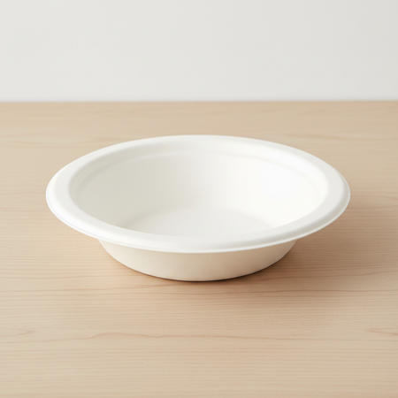 White Compostable Bowl Close-Up on Wooden Table Simple Background