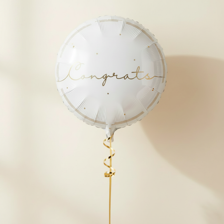 White Congrats Foil Balloon Matte Finish with Clear Gold Text and Ribbon