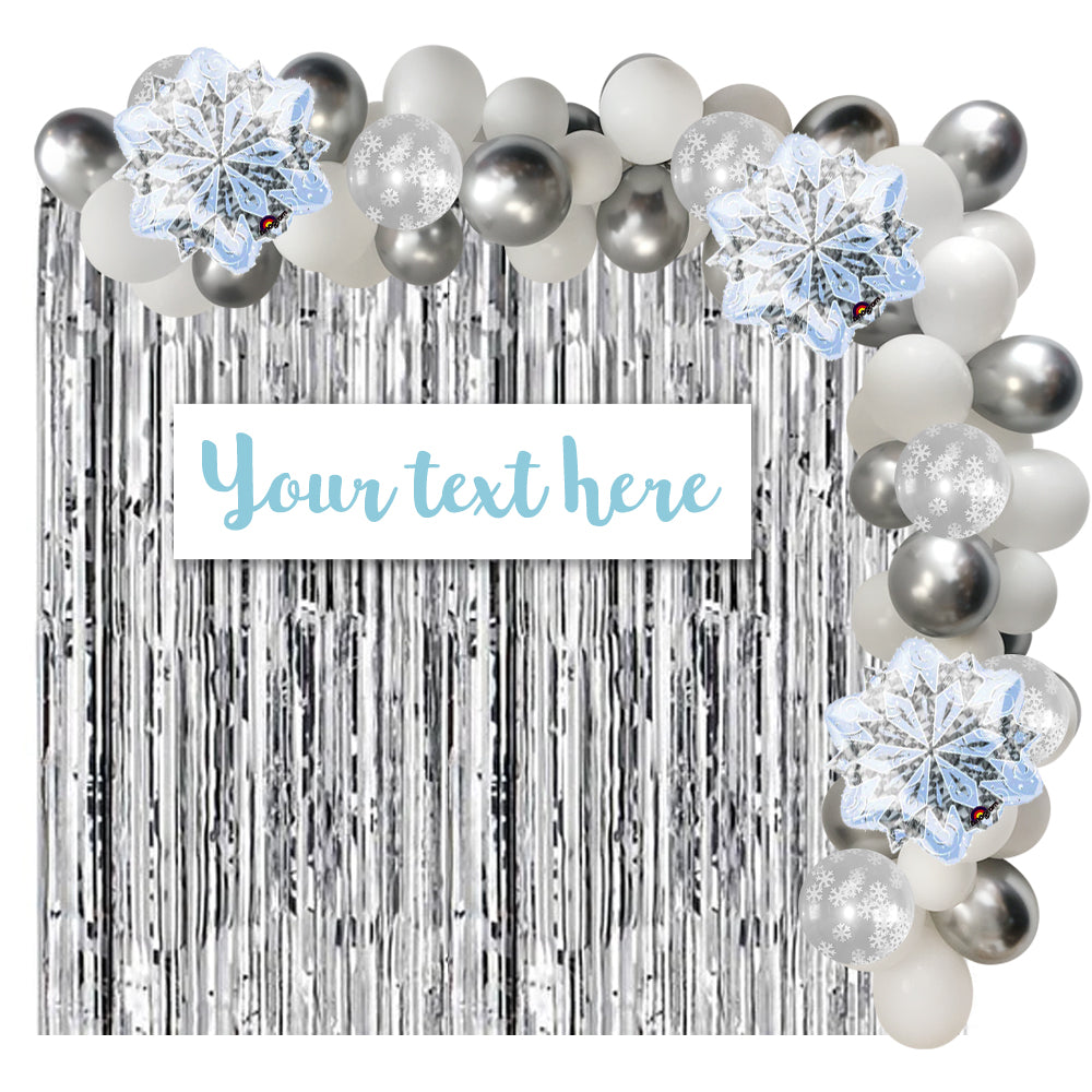 Personalised Winter Wonderland Party Backdrop Decoration DIY Kit With Balloon Garland
