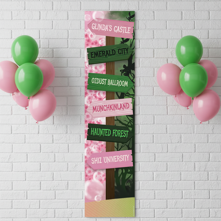 Witches of Oz Portrait Banner on White Brick Wall with Balloons