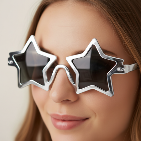 Woman Wearing Silver Star Glasses Close Up on Neutral Background