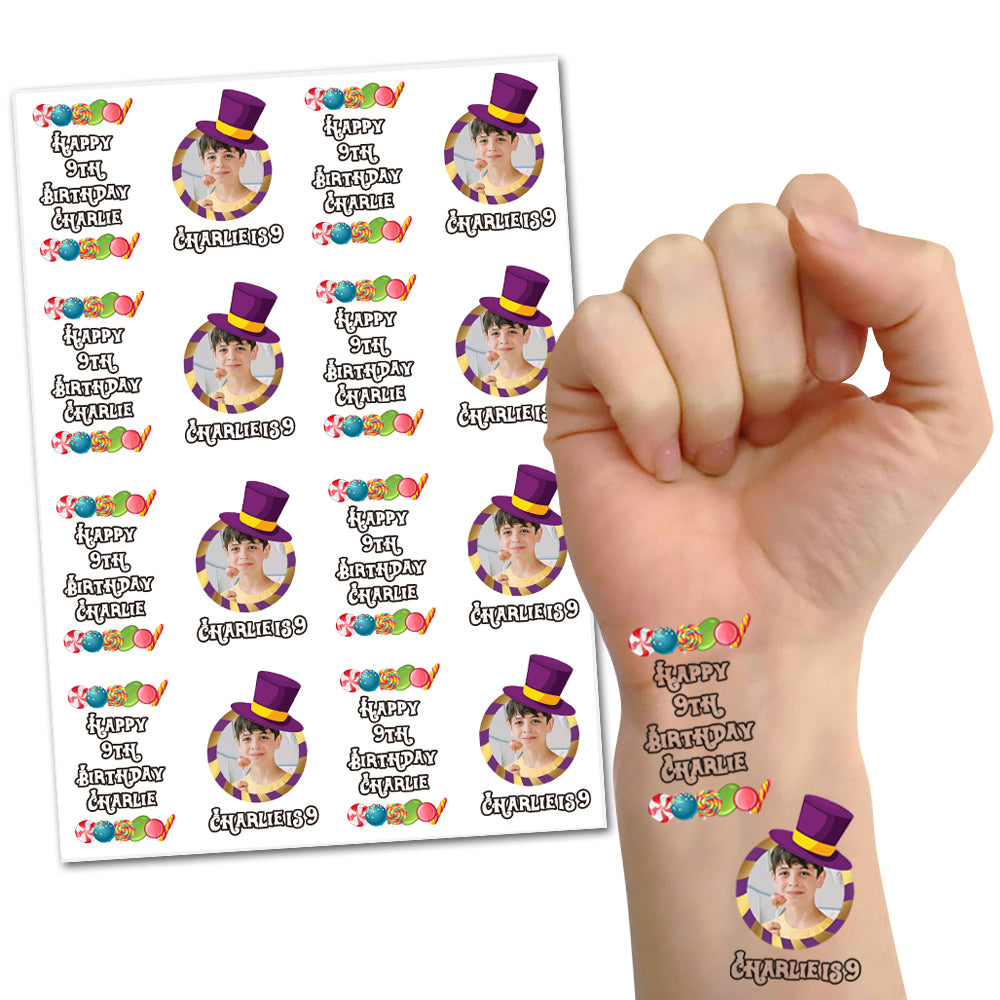 Chocolate Factory Wonka Personalised Photo Tattoos - Sheet of 16