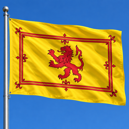 Yellow flag with a red lion flying against blue sky