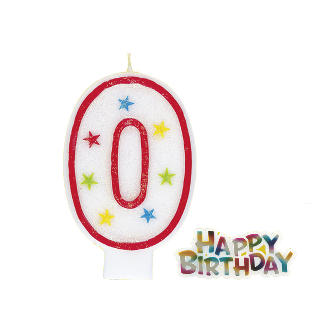 Glitter Stars Number Candle '0' with Happy Birthday Decoration