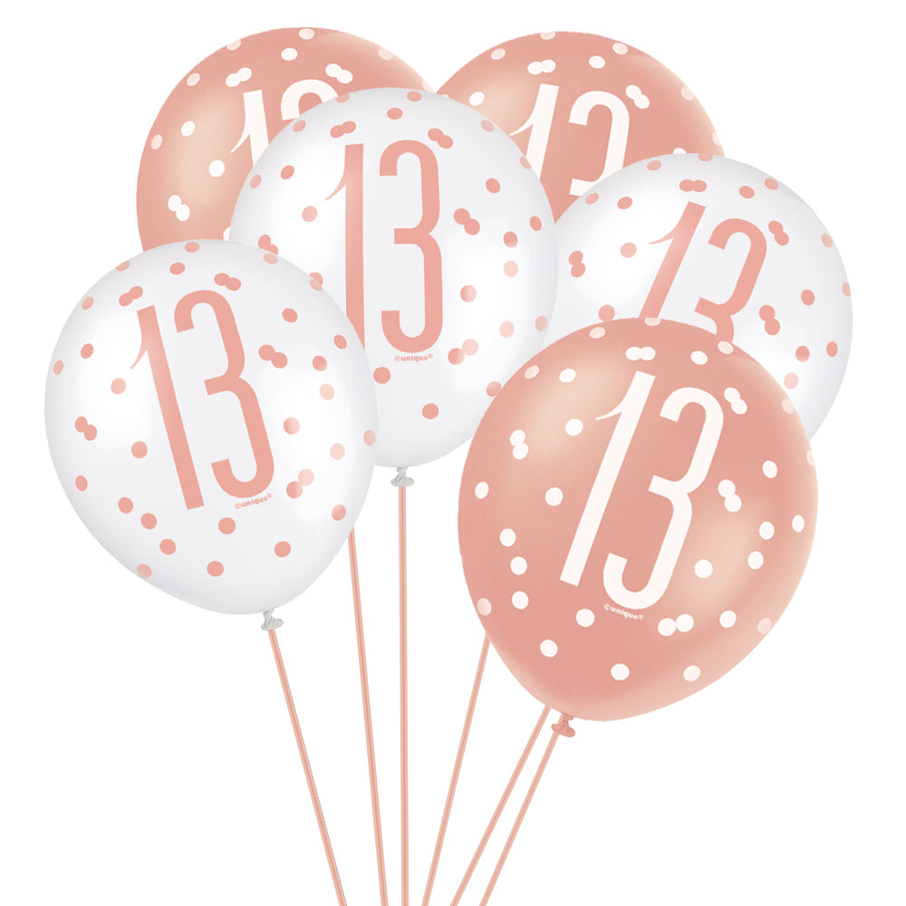 Birthday Glitz Rose Gold 13th Pearlised Latex Balloons - 12" - Pack of 6