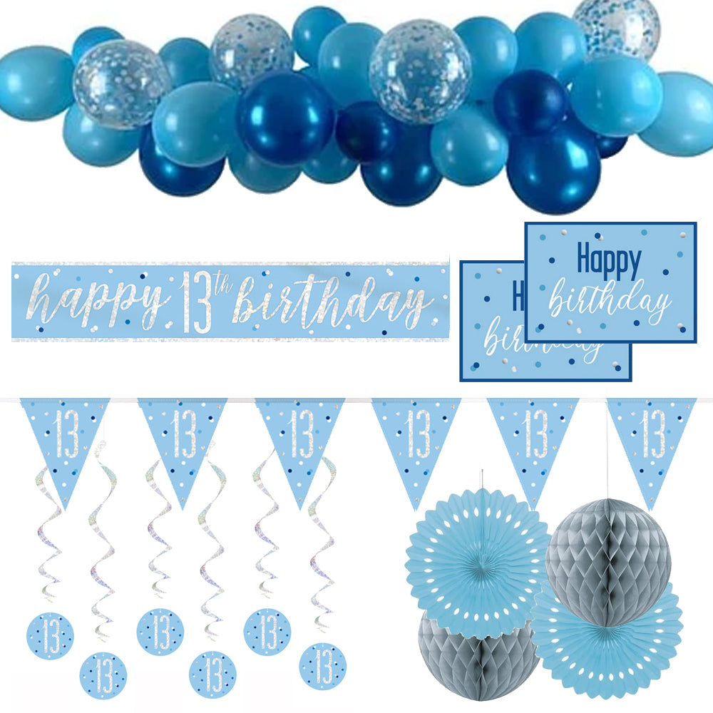 13th Birthday Blue & Silver Glitz Decoration Pack