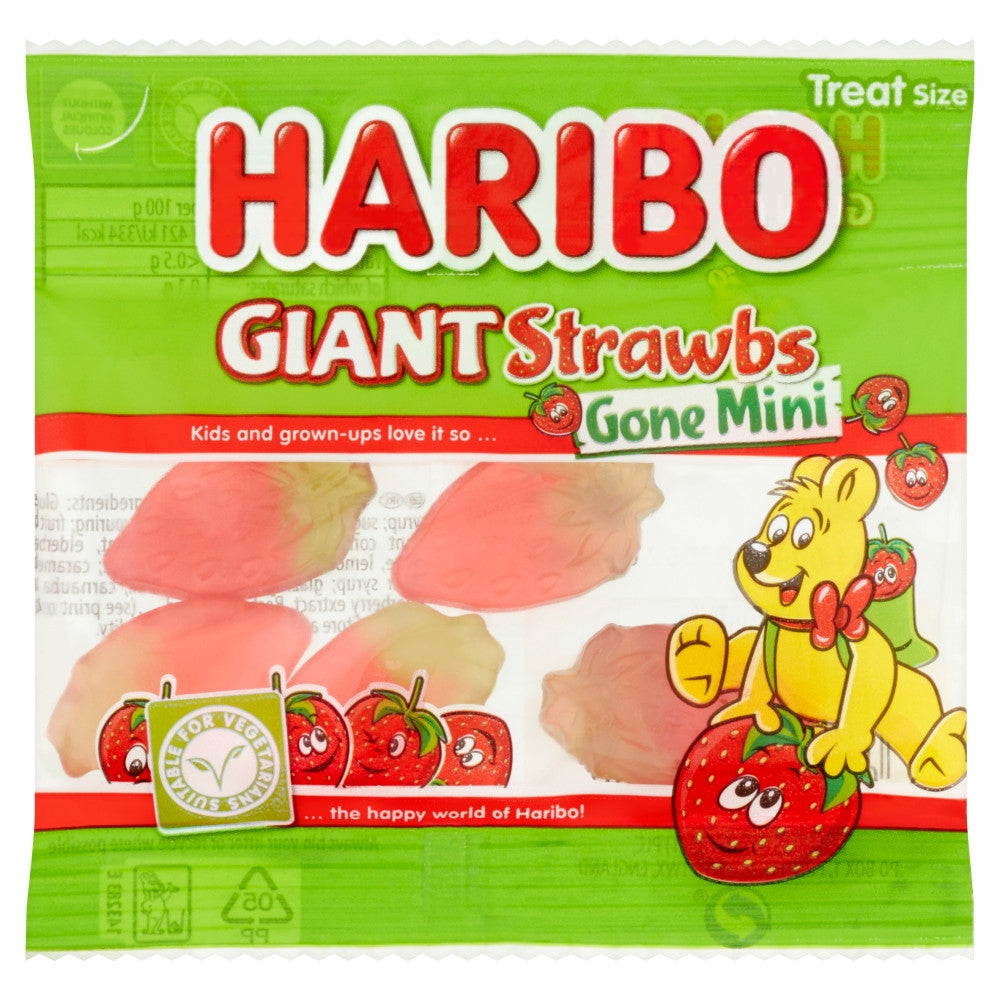 Haribo Giant Strawbs Gone Mini Strawberry Flavour Gummy Sweets - 16g Mini Bag - Each