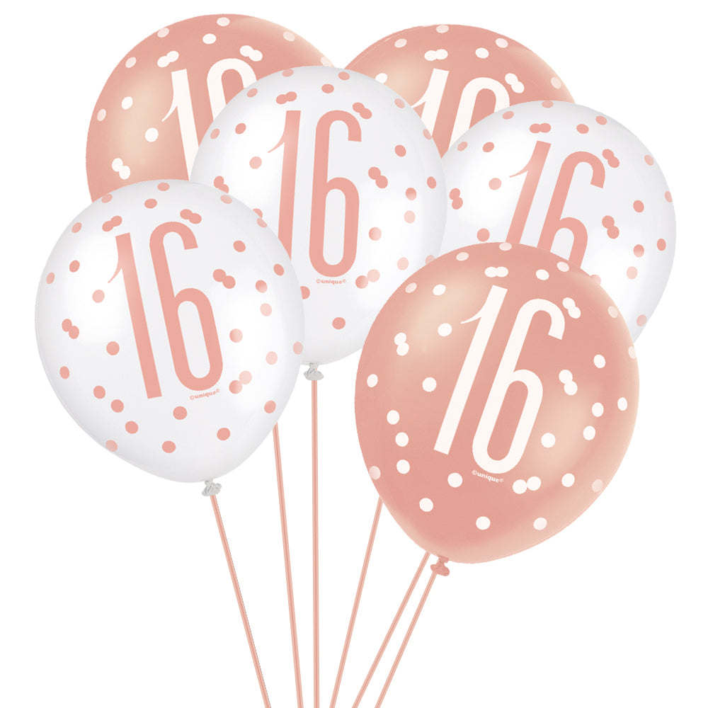 Birthday Glitz Rose Gold 16th Pearlised Latex Balloons - 12" - Pack of 6