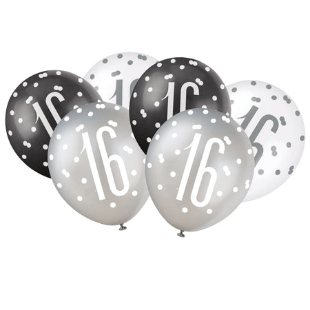 Birthday Glitz Black and Silver 16th Pearlised Latex Balloons