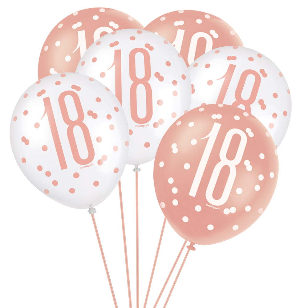 Birthday Glitz Rose Gold 18th Pearlised Latex Balloons - 12" - Pack of 6