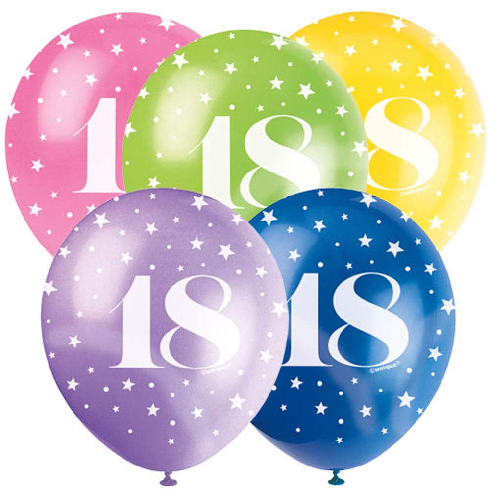 All Round Printed Age 18 Latex Balloons - Assorted Colours - 27.5cm - Pack of 5