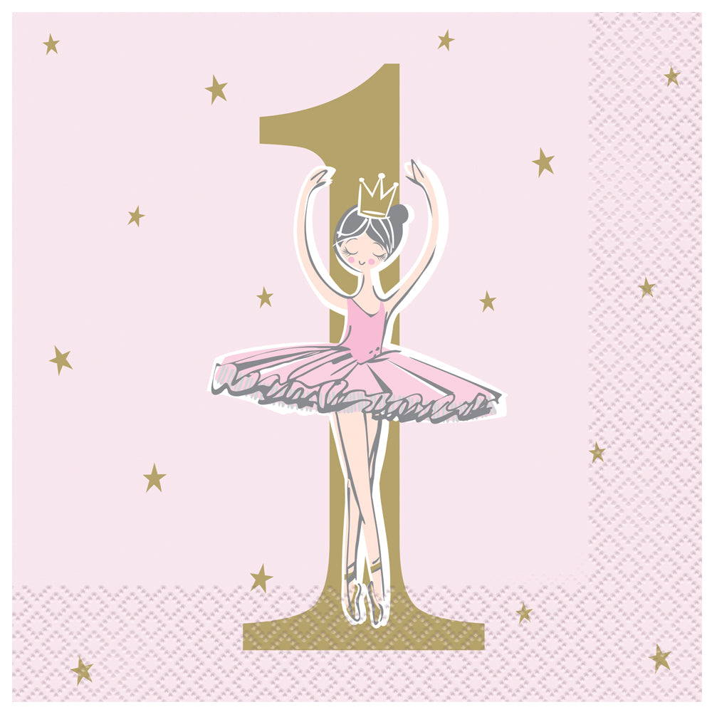 Pink and Gold 1st Birthday Ballerina Napkins - 33cm - Pack of 16