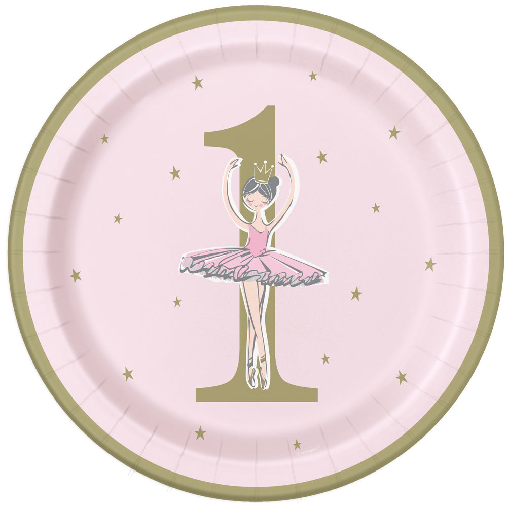 Pink and Gold 1st Birthday Ballerina Paper Plates - 23cm - Pack of 8