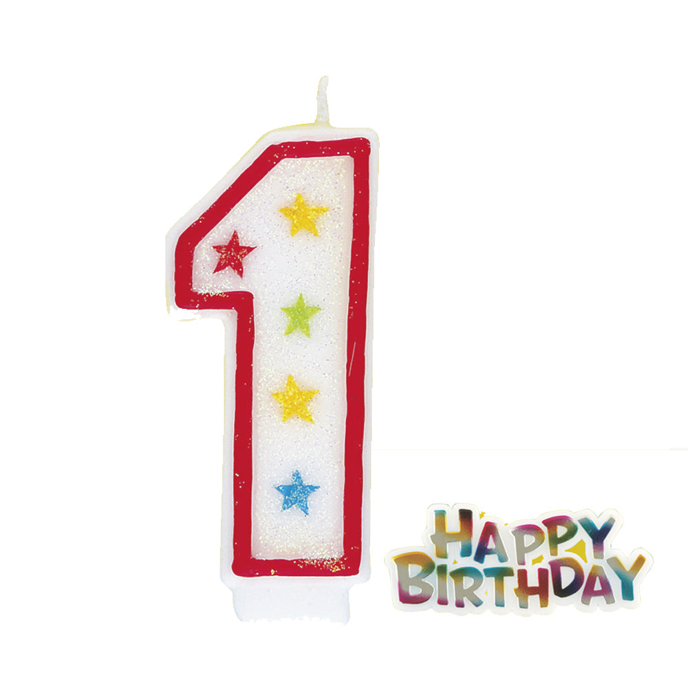 Glitter Stars Number Candle '1' with Happy Birthday Cake Decoration