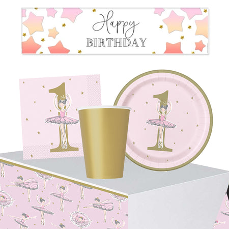 1st Birthday Pink and Gold Party Pack of 8 With FREE Banner!