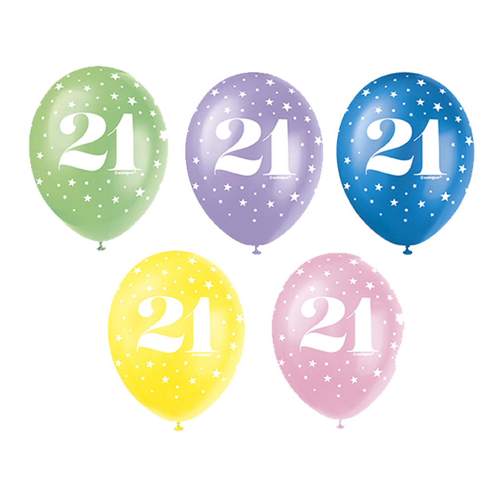 All Round Printed Age 21 Latex Balloons - Assorted Colours - 27.5cm - Pack of 6