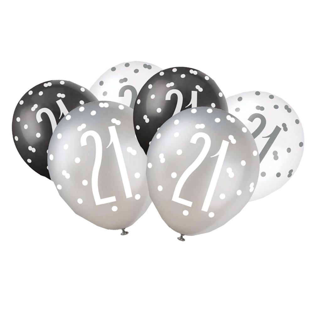 Birthday Glitz Black & Silver 21st Pearlised Latex Balloons - Pack of 6