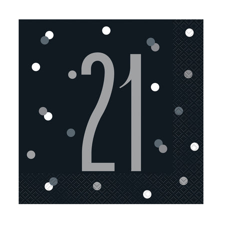 Birthday Glitz Black & Silver 21st Paper Napkins - 33cm - Pack of 16