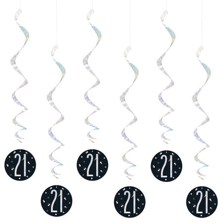 Birthday Glitz Black & Silver 21st Hanging Swirl Decorations - Pack of 6