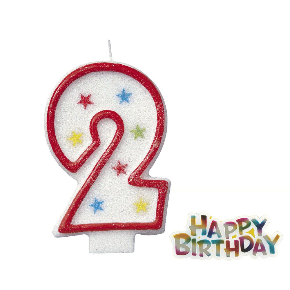 Glitter Stars Number Candle '2' with Happy Birthday Decoration
