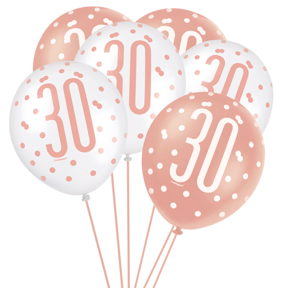 Birthday Glitz Rose Gold 30th Pearlised Latex Balloons - 12" - Pack of 6
