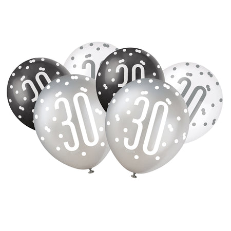 Birthday Glitz Black & Silver 30th Pearlised Latex Balloons - Pack of 6