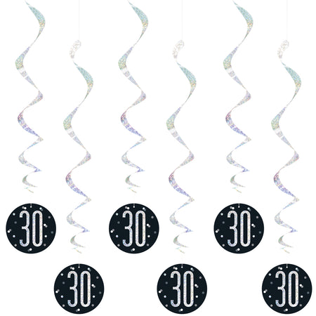 Birthday Glitz Black & Silver 30th Hanging Swirl Decorations