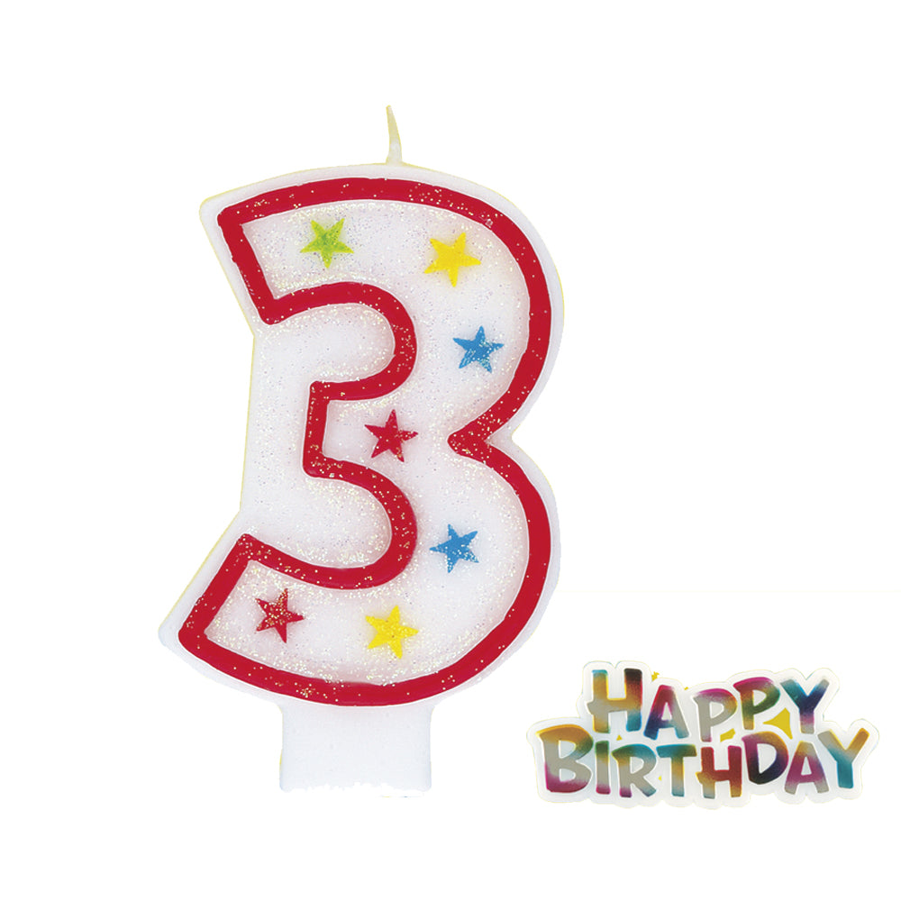 Glitter Stars Number Candle '3' with Happy Birthday Decoration