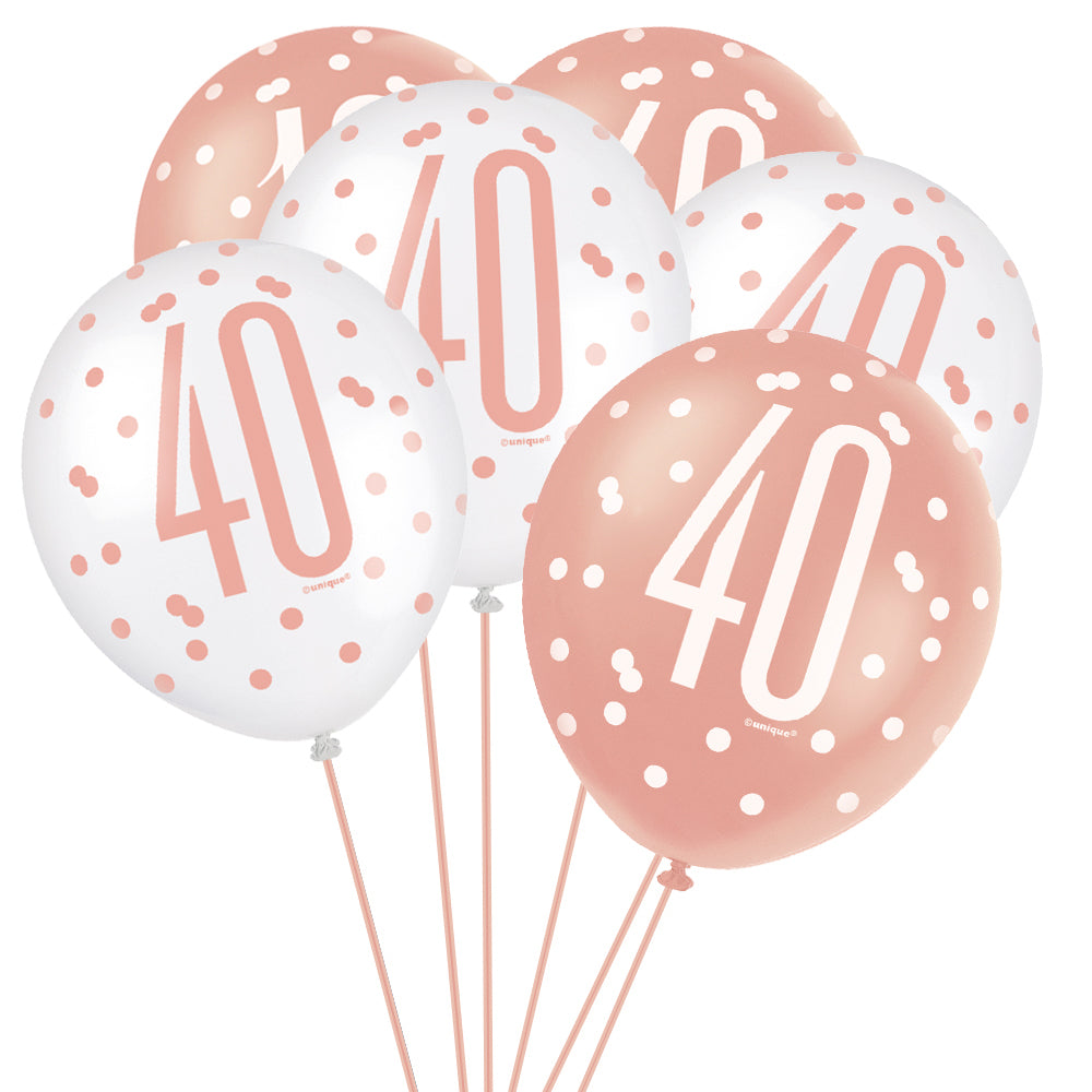 Birthday Glitz Rose Gold 40th Pearlised Latex Balloons - 12" - Pack of 6