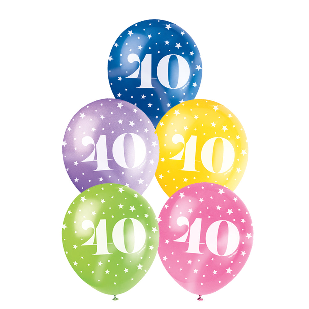 40th Birthday Latex Balloons 11" - Assorted - Pack of 5