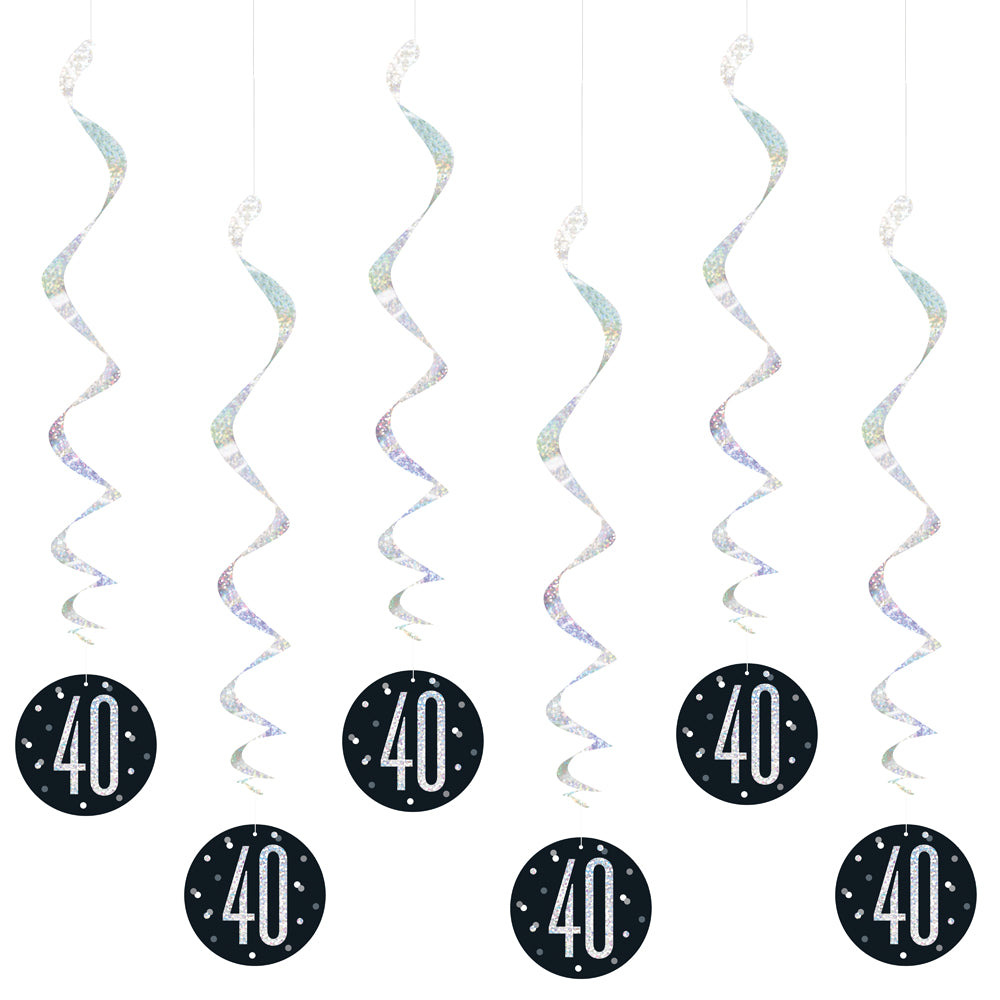 Birthday Glitz Black & Silver 40th Hanging Swirl Decorations